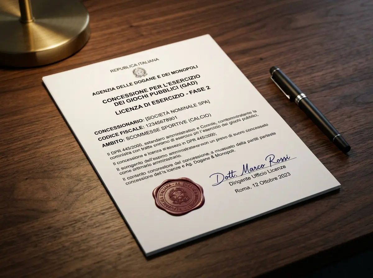 Documento ufficiale di concessione ADM con timbro e firma di un operatore italiano di scommesse