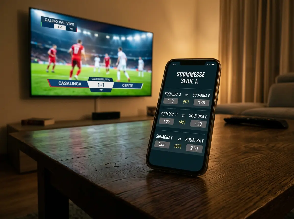 Smartphone appoggiato su un tavolo che mostra un palinsesto di quote live Serie A mentre sullo sfondo si intravede una partita