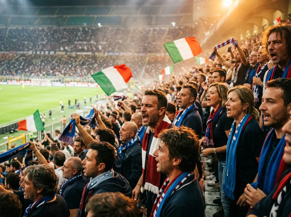 Tifosi italiani in uno stadio di Serie A con bandiere e sciarpe della propria squadra