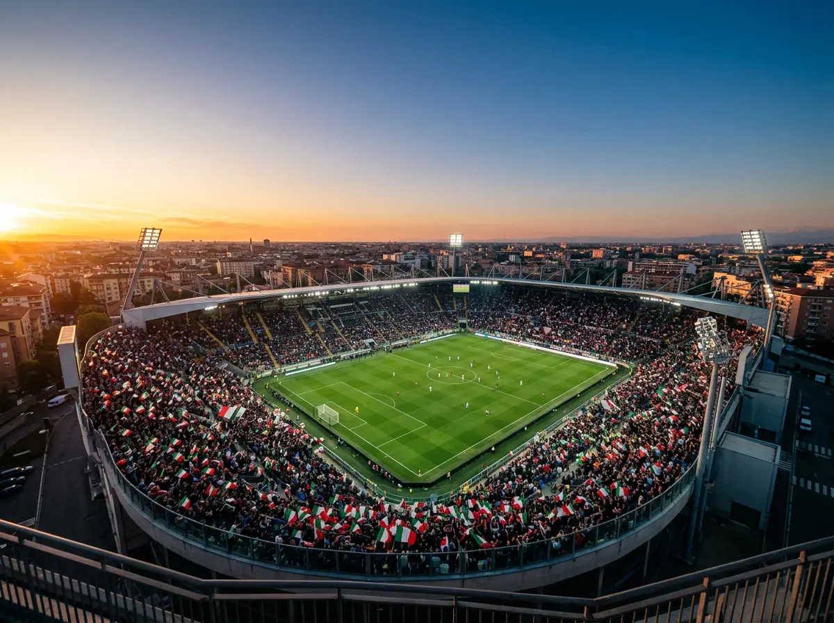 Stadio di calcio italiano illuminato durante una partita di Serie A al tramonto